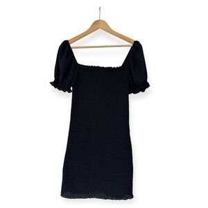 Whimsigoth Black Smocked Puff Sleeve Mini Dress S Milkmaid‎ Square Neck